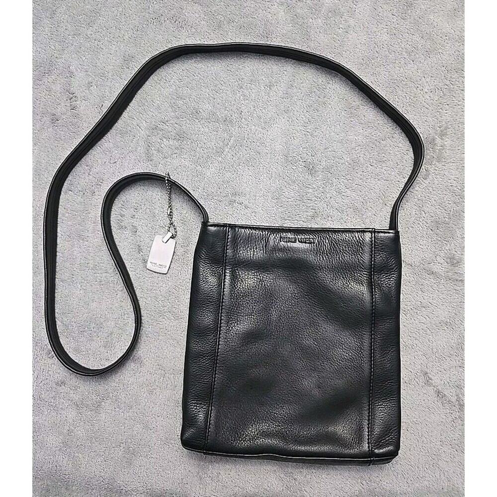Nine West Solid Black Leather Crossbody Bag‎ Purse Single Strap